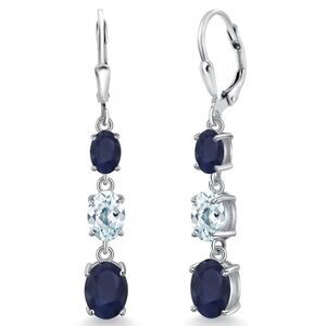925 Sterling Silver with 6.21 Cttw 3 Stone Blue Sapphire and Aquamarine Earrings